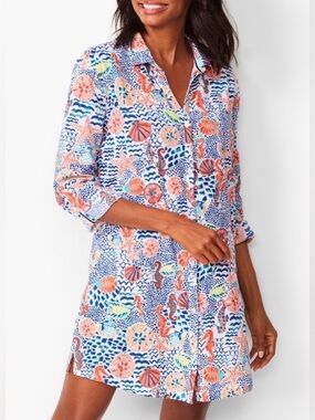 Talbots Beach Shirt Coverup XS Seahorse Button Up Cotton Nautical Coastal
